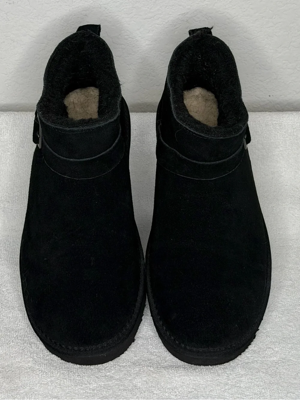 PAWZ Black Suede Ankle Slippers Boots w/ Faux Fur Lining & Buckle Size 10